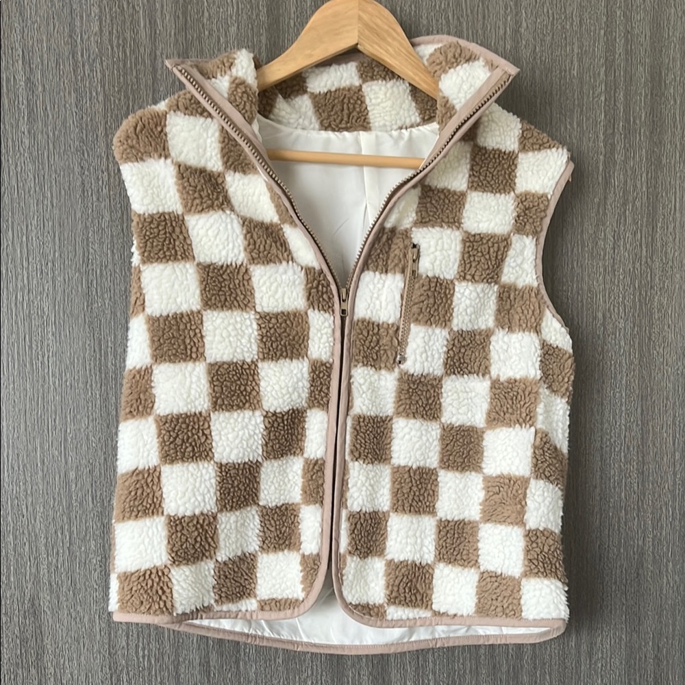 Tan Checkered Sherpa Vest